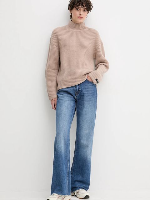 Calvin Klein Jeans sweter z dodatkiem wełny damski kolor brązowy z półgolfem LV044D329G - zdjęcie produktu nr 2