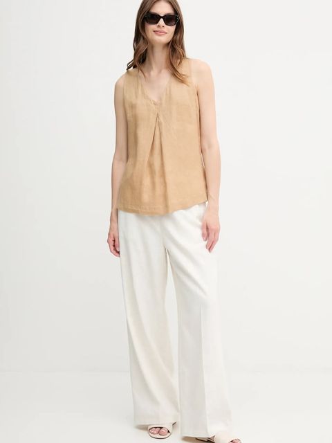 United Colors of Benetton bluzka lniana kolor beżowy gładka 5BMLDQ06W - zdjęcie produktu nr 2