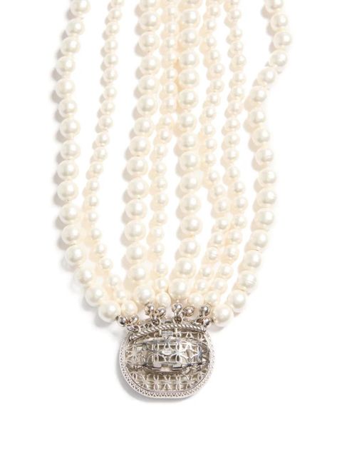 Valentino Garavani Ovalette necklace in metal, baroque glass pearls, and Swarovski® crystals - Silver