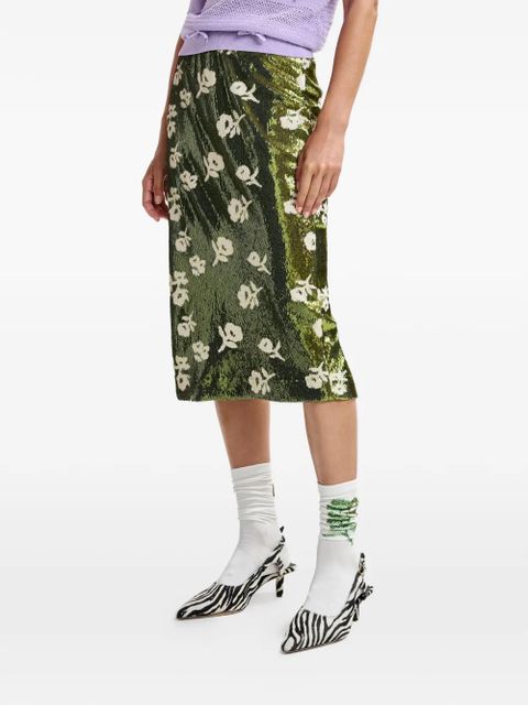 Essentiel Antwerp sequin-embellished floral-detail midi skirt - Green