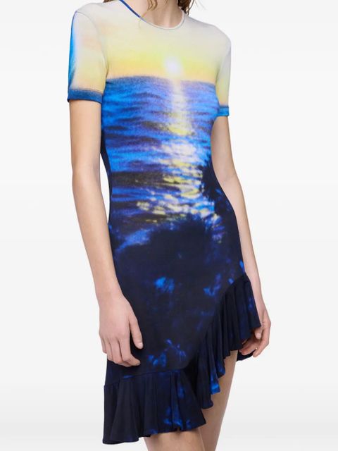 Rabanne sunset-print ruffled-trim mini dress - Blue