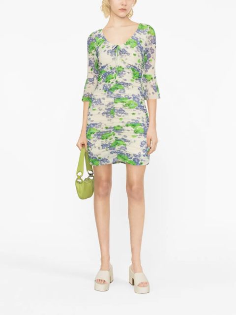 GANNI floral-print ruched minidress - Neutrals