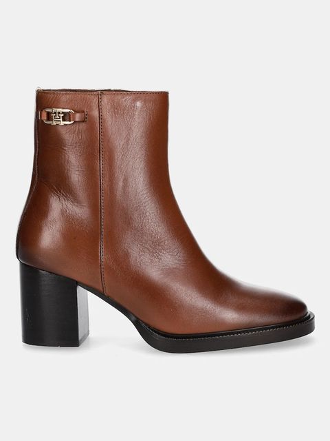 Tommy Hilfiger botki skórzane STACKED HEEL LEATHER ANKLE BOOT damskie kolor brązowy na słupku FW0FW08864 - zdjęcie produktu nr 2