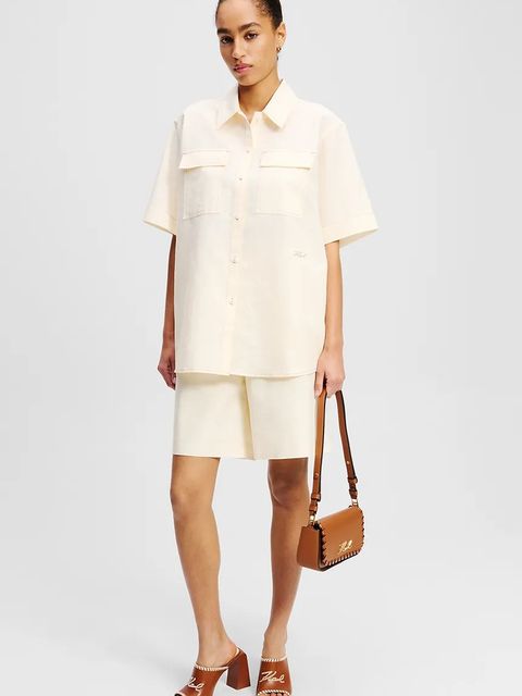 Karl Lagerfeld koszula lniana damska kolor beżowy relaxed z kołnierzykiem klasycznym A2W11012