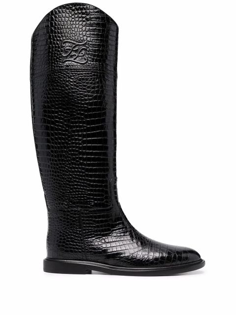 FENDI Karligraphy croc-effect knee-high boots - Black - zdjęcie produktu nr 1