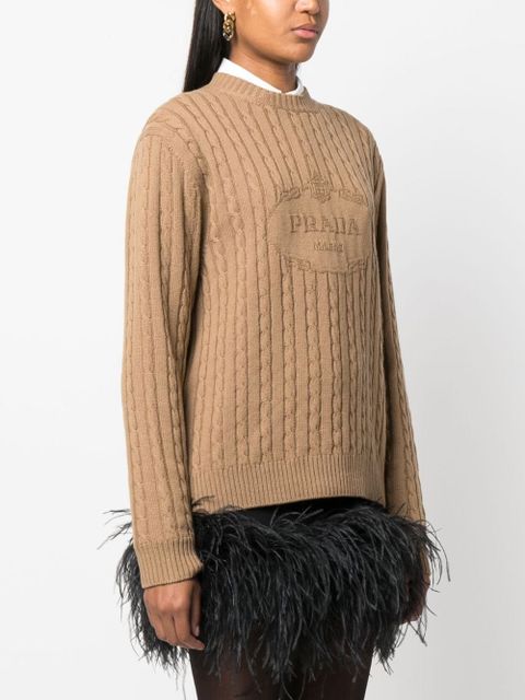Prada logo-intarsia cable-knit jumper - Brown