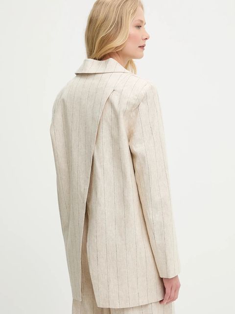 Answear.LAB marynarka z domieszką lnu kolor beżowy jednorzędowa wzorzysta