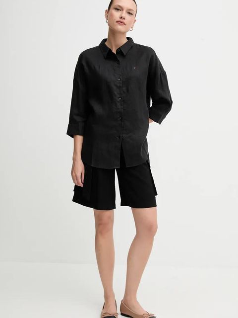 Tommy Hilfiger koszula lniana damska kolor czarny relaxed z kołnierzykiem klasycznym WW0WW46169 - zdjęcie produktu nr 2