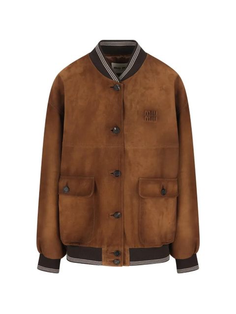 Miu Miu logo-patch suede bomber jacket - Brown - zdjęcie produktu nr 1