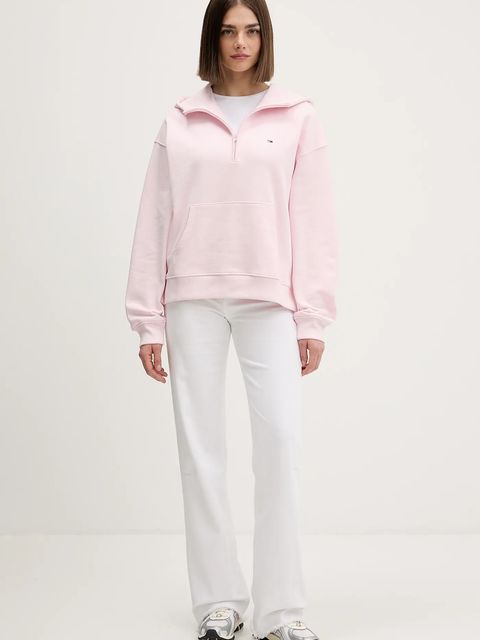 Tommy Jeans bluza bawełniana damska kolor różowy z kapturem gładka DW0DW21924