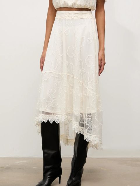 Answear.LAB spódnica kolor beżowy midi rozkloszowana