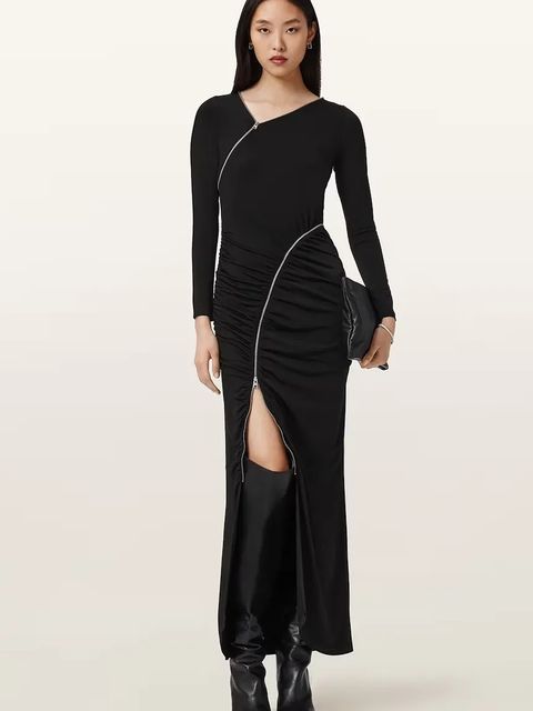 AllSaints sukienka kolor czarny maxi dopasowana W210DD