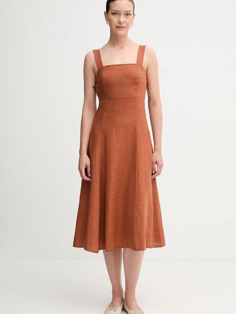 United Colors of Benetton sukienka lniana kolor pomarańczowy midi rozkloszowana 4AGHDV0AG - zdjęcie produktu nr 1