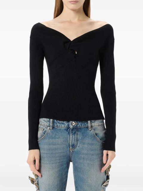 Blumarine V-neck ribbed-knit sweater - Black