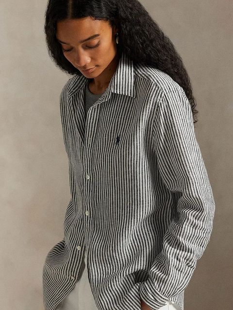 Polo Ralph Lauren koszula lniana damska kolor szary regular z kołnierzykiem klasycznym 211A96158