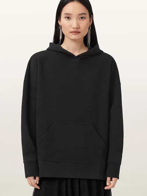 AllSaints bluza z bawełną CRANEO damska kolor czarny z kapturem z aplikacją W064JD