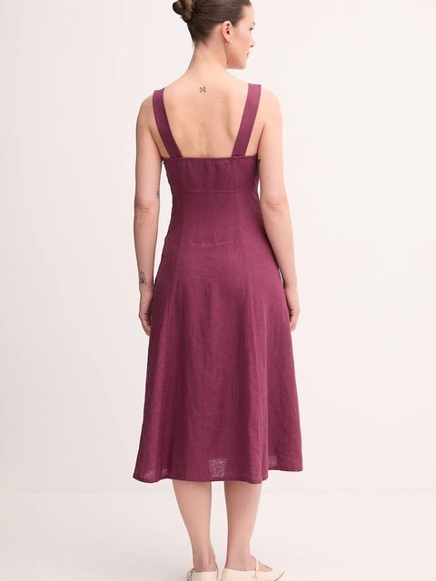 United Colors of Benetton sukienka lniana kolor bordowy midi rozkloszowana 4AGHDV0AG