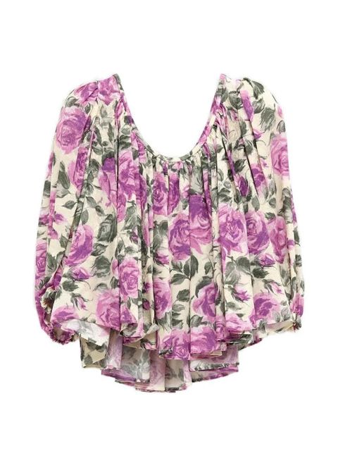 Chloé floral-print puff-sleeve cropped silk top - Purple - zdjęcie produktu nr 1