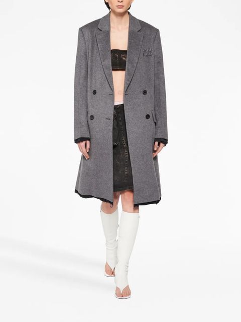 Miu Miu logo-embroidered double-breasted coat - Grey