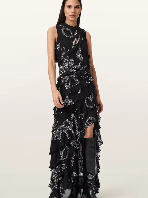 AllSaints sukienka wiskozowa CADY kolor czarny midi rozkloszowana W004DD