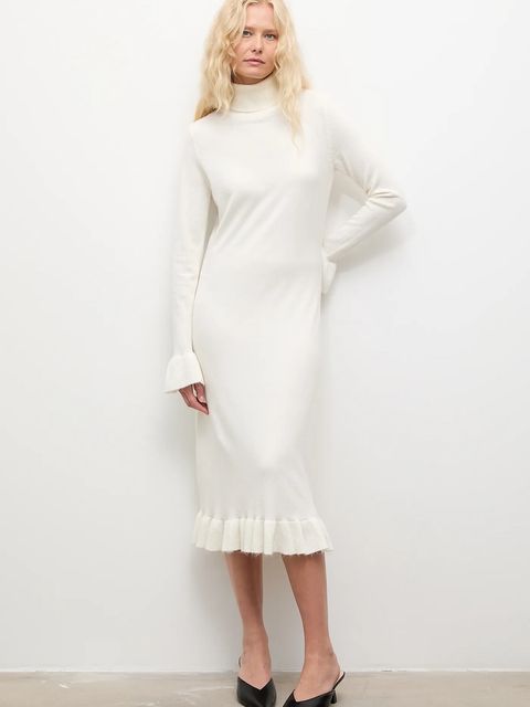 Answear.LAB sukienka z kaszmirem kolor beżowy midi prosta