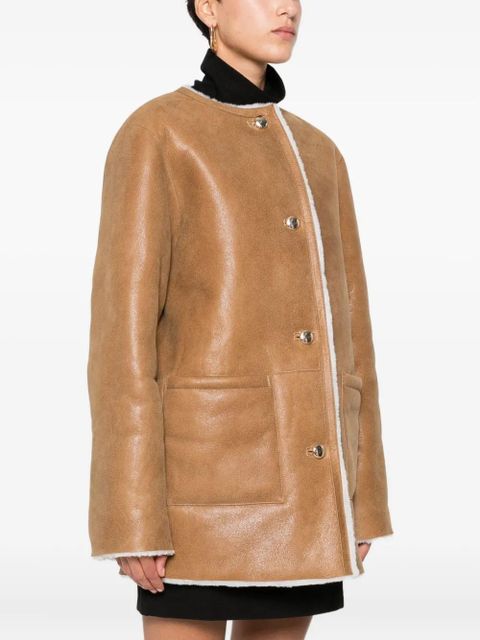 Maje shearling-trim leather coat - Brown
