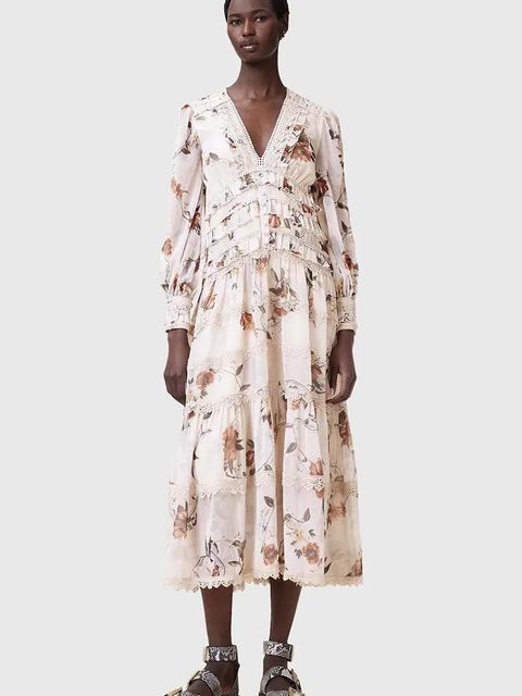 AllSaints sukienka ZORA MIDI kolor beżowy midi rozkloszowana W084DC