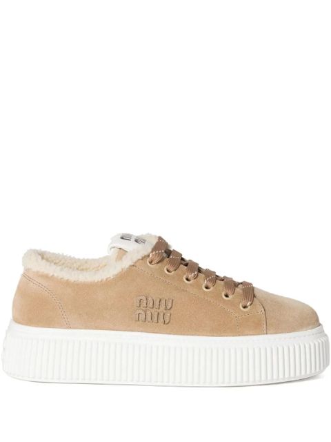 Miu Miu logo-embroidered suede sneakers - Neutrals