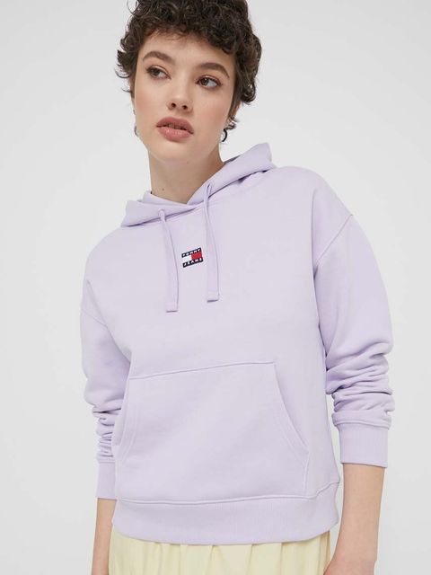 Tommy Jeans bluza bawełniana damska kolor fioletowy z kapturem z aplikacją DW0DW17326