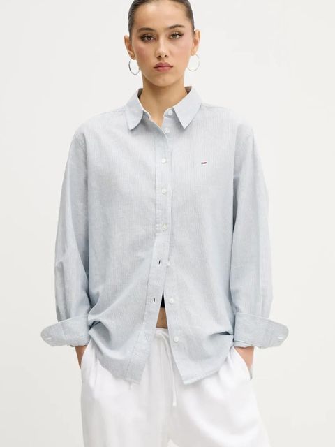 Tommy Jeans koszula z domieszką lnu damska kolor szary regular z kołnierzykiem klasycznym DW0DW20292 - zdjęcie produktu nr 1