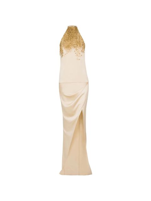 Balmain halterneck embroidered silk maxi dress - Neutrals - zdjęcie produktu nr 1