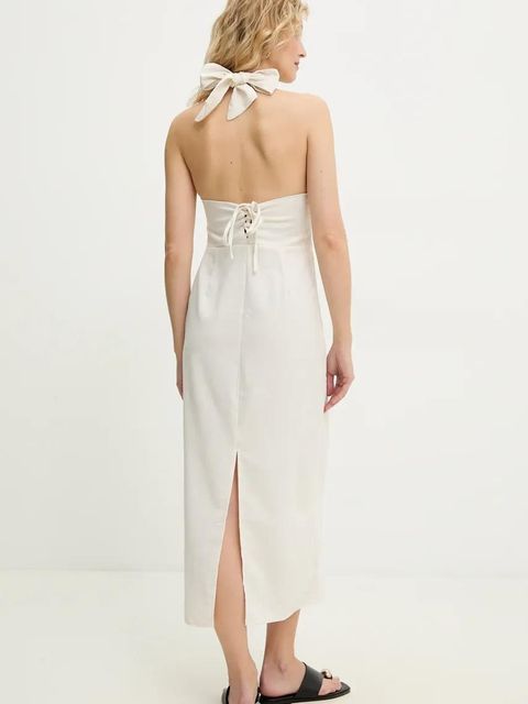 Answear.LAB sukienka z lnem kolor beżowy midi rozkloszowana