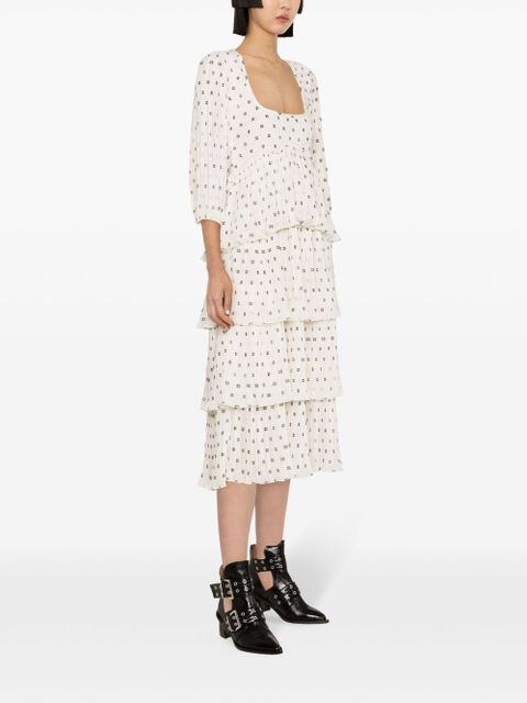 GANNI monogram-print pleated midi dress - Neutrals