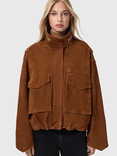 AllSaints kurtka zamszowa kolor brązowy przejściowa W087LD - zdjęcie produktu nr 1