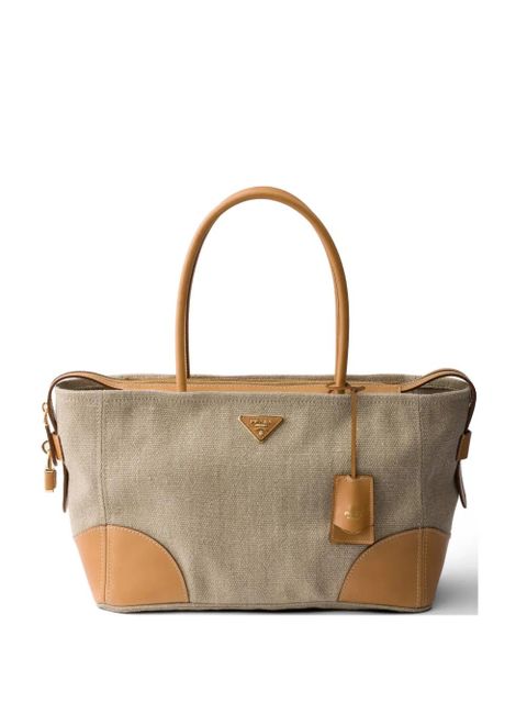 Prada large linen and leather tote bag - Neutrals - zdjęcie produktu nr 1
