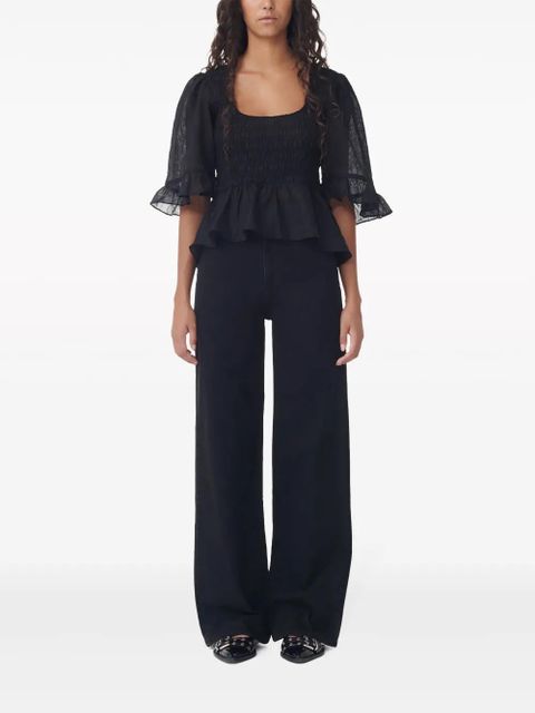 GANNI Crinkled Georgette Smock Blouse - Black