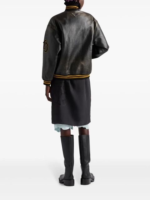 Prada logo-appliqué leather bomber jacket - Black