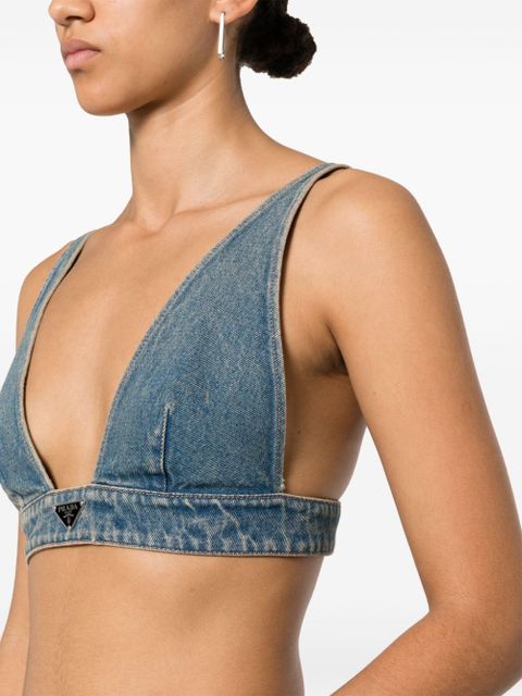 Prada triangle-logo denim crop top - Blue