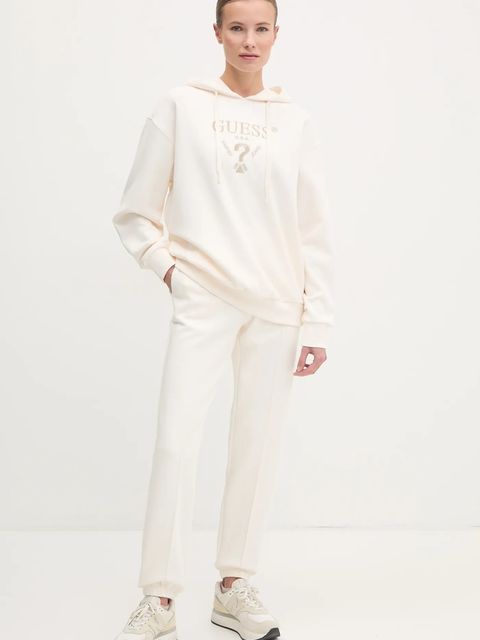 Guess bluza ROBERTA damska kolor beżowy z kapturem z aplikacją V5RQ11 KC3D2