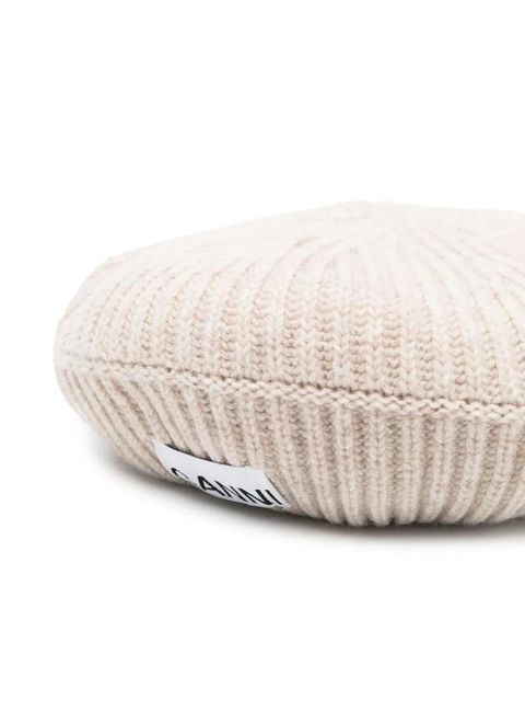GANNI logo-patch ribbed-knit beret - Neutrals - zdjęcie produktu nr 2