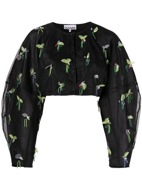 GANNI bead-embellished cropped blouse - Black - zdjęcie produktu nr 1