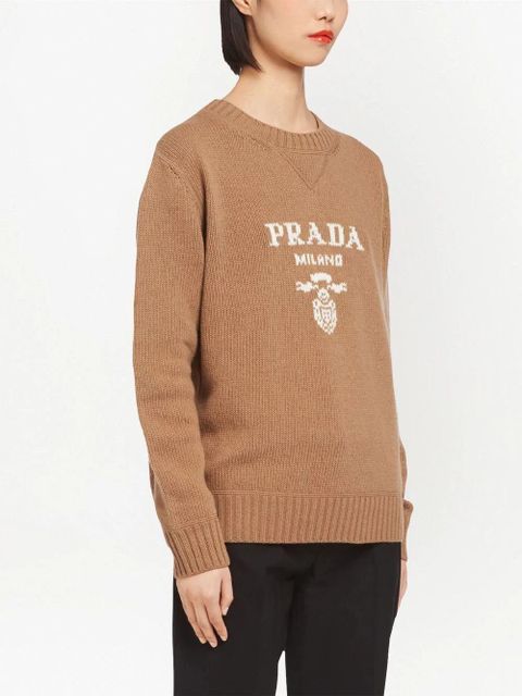Prada crew-neck logo intarsia knit jumper - Brown