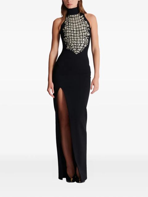 Balmain high-neck embellished slit maxi dress - Black