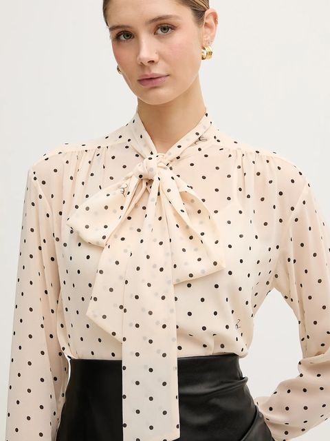 Joop! koszula damska kolor beżowy regular z wiązanym dekoltem 30100464