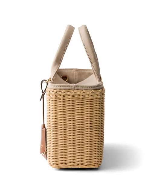 Prada medium wicker and canvas tote bag - Neutrals