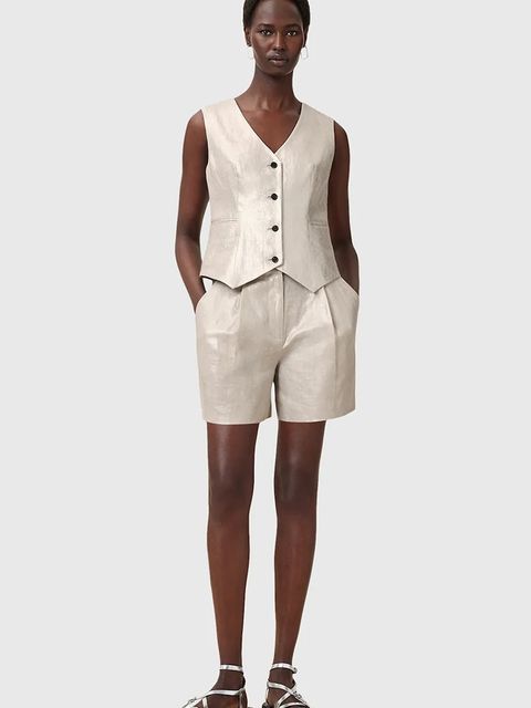 AllSaints szorty lniane AVERIE damskie kolor srebrny gładkie medium waist W069QC