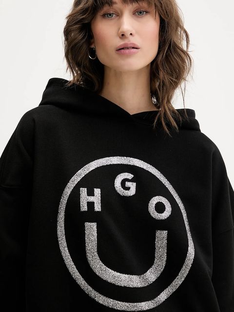 Hugo Blue bluza bawełniana damska kolor czarny z kapturem z nadrukiem 50550709