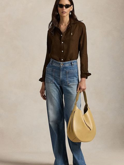 Polo Ralph Lauren koszula lniana kolor brązowy relaxed z kołnierzykiem klasycznym 211970730