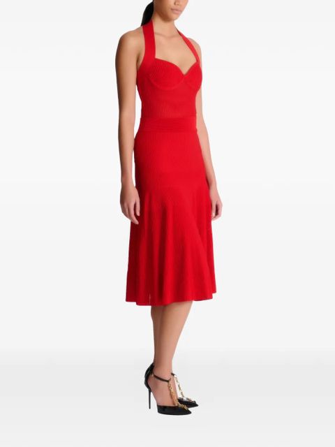 Balmain halterneck pleated knitted dress - Red