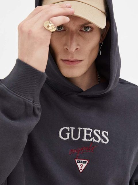 Guess Originals bluza kolor szary z kapturem z aplikacją